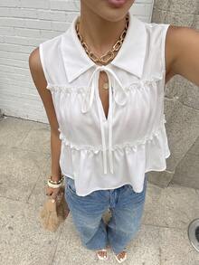 Women's New Spring/Summer Solid Color Sleeveless Elegant Top Vest With Ruffle Collar, Casual , Dating, Outing, Home, Vacation, Beach, Holiday White - White - View 2