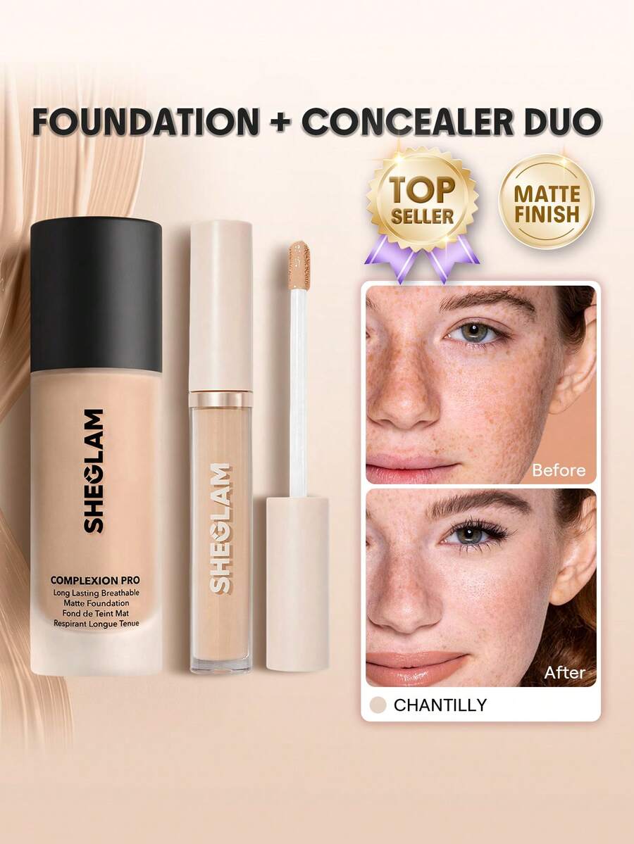 SHEGLAM [2Pcs] Complexion Pro Matte 粉底液和遮瑕膏套組 品牌美妝化妝品 適合女士與女孩 - Chantilly - 查看 1