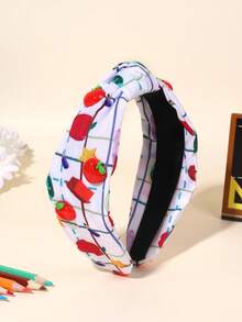 1pc Back To School Knotted Headbands,Gingham Stripe Apple Pencil Pearl Decor Hair Band ,Teen Hair Accessories For First Day Of School,School Supplies - Multicolor - View 5