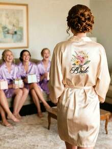 1pc Customized Women's Satin Bridal Robe, Short Sleeve Design, Customizable Text, Suitable For Bride And Bridesmaids, Personalized Satin Robe, Customized Bridal Robe, Bridesmaid Preparation Robe, Wedding Party Robe, Lace Trim Robe, Customized Name Robe, Bridal Robe Gift, Bridal Party Gift, Silky Loungewear, Simple, Fun, Customized, Unique, Matching Bridesmaid Robe Silky Loungewear, Special Bridal Gift, Best Friend, Girlfriend, Fashionable Autumn - Multicolor - View 5