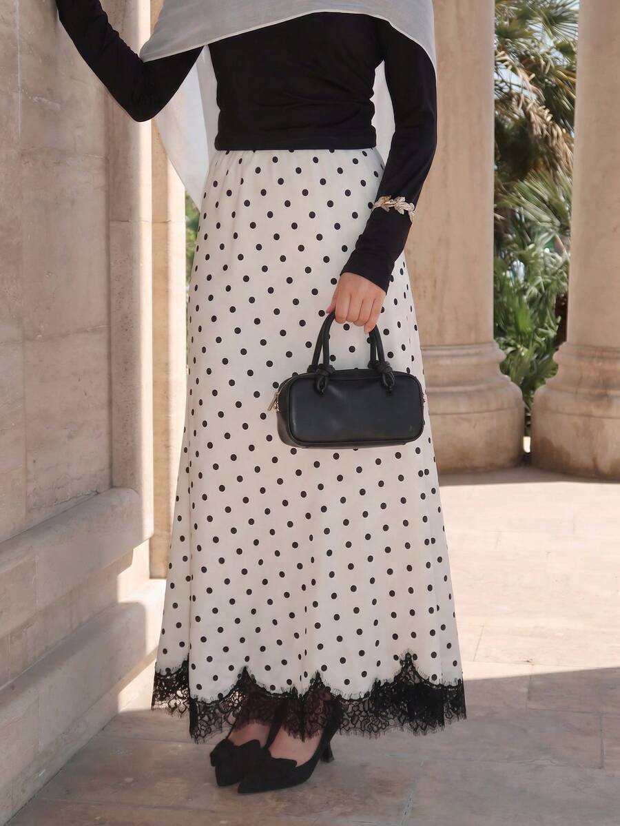 Women's Spring/Summer New Minimalist Elegant Lady Commute Lace Contrast Color Polka Dot Print Skirt - Black - View 1