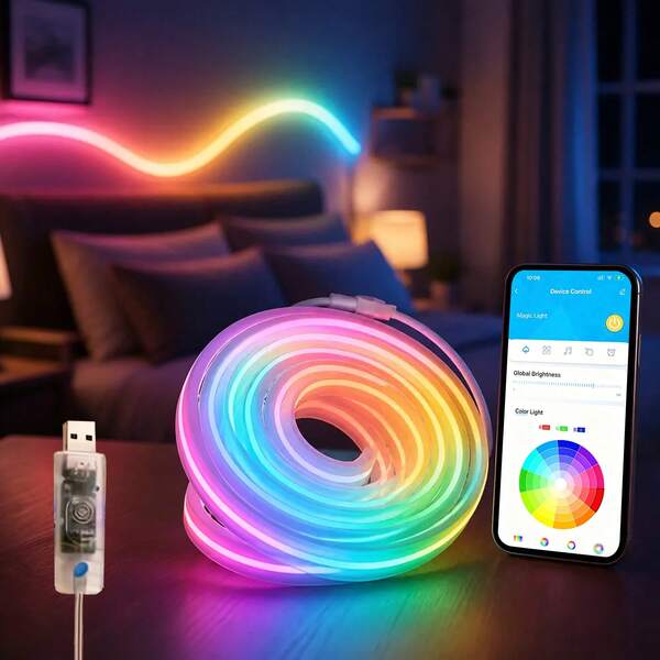 5M RGB Neon LED Strip Lights, 5V USB Powered Waterproof Flexible Neon Rope Lights, Bluetooth APP & 3 Keys Manual Control, Music Sync Color Changing LED Lights For Home Bedroom Party Christmas Decoration