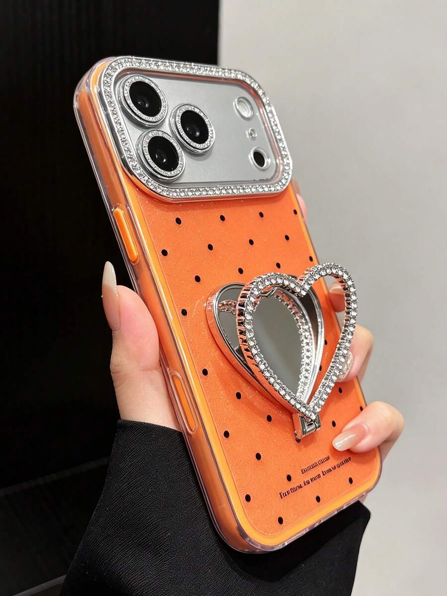 1件韓式波點愛心化妝鏡手機殼，附支架防震保護，適用於 iPhone 17Pro Max 17Pro 17 16Pro Max 16Pro 16 15 14 13 12 Pro Max 11 智慧型手機。適合女孩/女性。理想的生日/母親節禮物。亦適用於 iPhone 18Pro Max 18Pro 18 智慧型手機保護殼