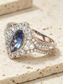 Anillo de plata de ley S925 plateado para damas, hermoso anillo de compromiso elegante y brillante de alta calidad con diseño de ojo de caballo, adecuado para decoración de novia de boda, - Celeste - Ver 3