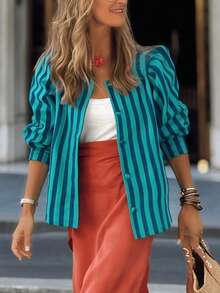 Women's Spring/Autumn Design-Driven Fashion Striped Shirt Jacket, Casual Commute Vacation - Blue - View 4