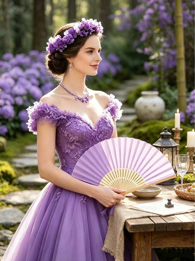 3-90pcs Purple Handheld Folding Fan Gift Set With Bows And Gift Bags, Suitable For Bride Gifts, Bridesmaid Bamboo Fan Gifts, Return Gifts, Wedding Banquet Gifts, Birthday Party Gifts, Photo Props, Summer Fans - Multicolor - View 7