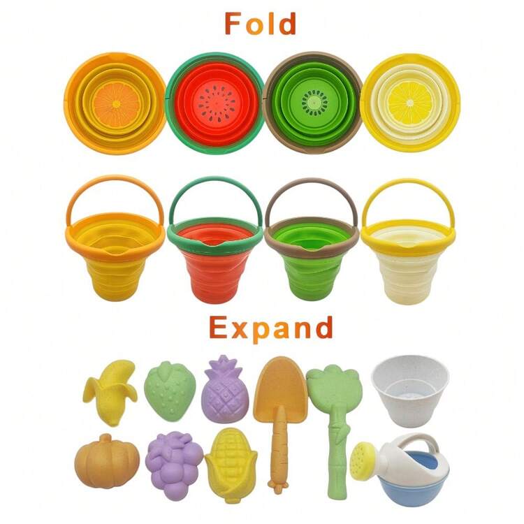 Nuevo set de juguetes de playa de la serie de frutas y verduras, incluye cubo plegable, pala, moldes de arena - Multicolor - Añade 2