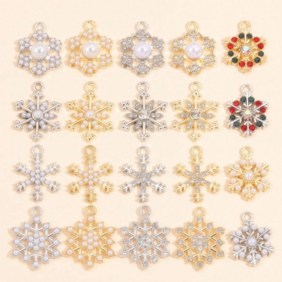 10Pcs Snowflake Series Pearl & Rhinestone Alloy Snowflake Pendants, Suitable For DIY Jewelry Making, Necklace Bracelet Earring Accessories, Christmas Holiday Decoration Gifts - Multicolor - View 1
