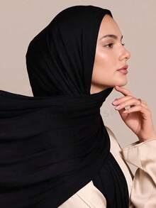 1 Buah Hijab Wanita Ukuran Besar Terbaru, Syal Panjang, Warna Polos, Kasual, Lembut - Hitam - View 3