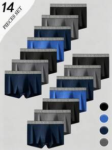 14pcs Solid Color Polyester Boxer Briefs, Breathable High Elasticity Comfortable Boxer Shorts, Sports Shorts, Casual Underwear, Plus Size Milk Silk Shorts - Multicolor - View 1