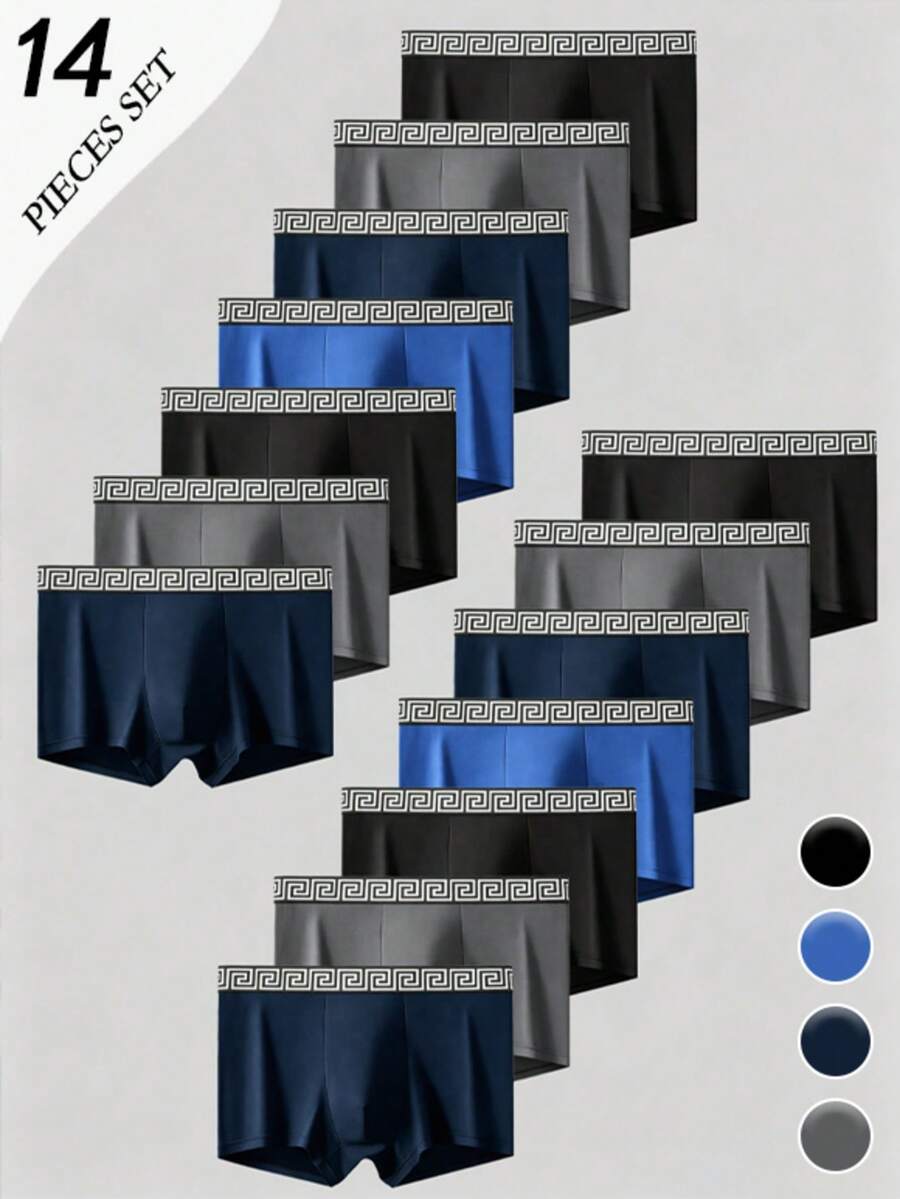 14pcs Solid Color Polyester Boxer Briefs, Breathable High Elasticity Comfortable Boxer Shorts, Sports Shorts, Casual Underwear, Plus Size Milk Silk Shorts - Multicolor - View 1