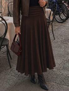 Women's Solid Color Pleated Casual Versatile Daily Wear Skirt - Brown - View 5