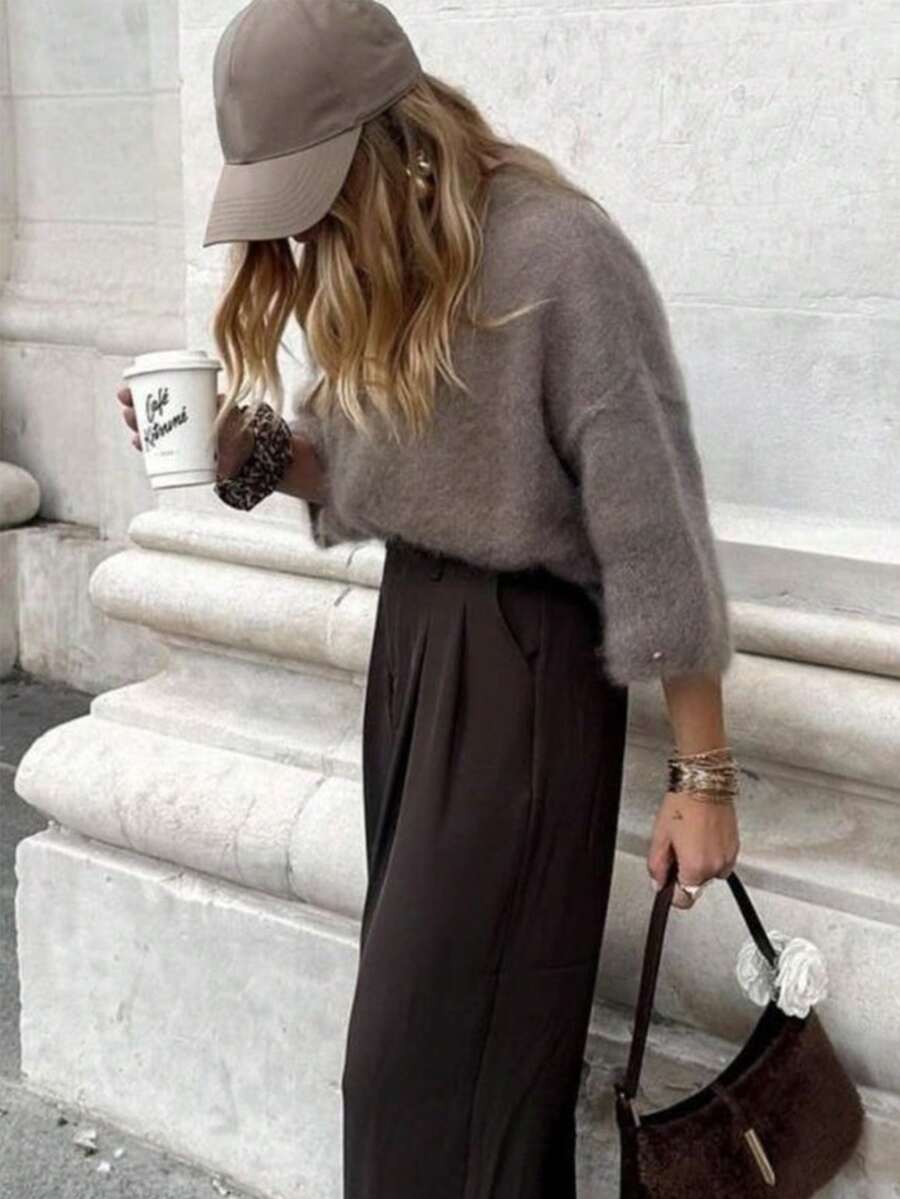Women's Cute Casual French Style Wool Blend Short Sleeve Round Neck Cropped Knit Sweater Top Fall - Grey - View 1