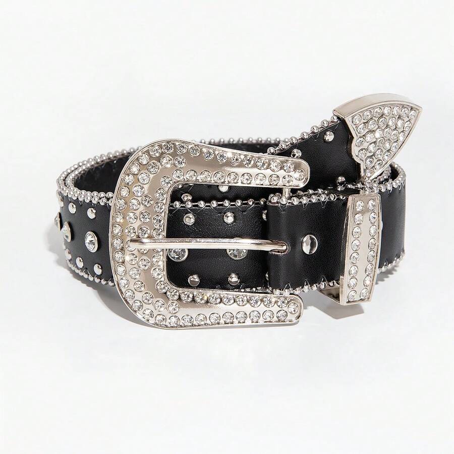 1 pieza Cinturón de hombre estilo punk rock Y2K de mezclilla plateada con remaches de estrella e incrustaciones de strass, accesorio versátil para jeans, adecuado para uso diario