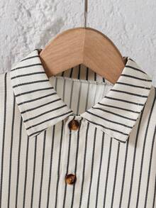 Baby Boy Autumn Simple Striped Collar Long Sleeve Shirt, Casual Comfortable Basic Style Cardigan, Spring Clothing - Apricot - View 5