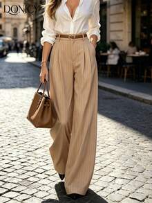DONICY Celana Panjang Wanita Khaki Garis-Garis Halus Pinggang Tinggi Kaki Lebar, Cocok untuk Pakaian Kantor dan Kasual di Musim Semi dan Gugur - Khaki - View 3