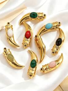 1Pc/3Pcs Gold Plated Stainless Steel Horn Pendant With Natural Stone, Vintage Boho Style, Tarnish Resistant For DIY Jewelry Making Findings - Pendants - View 4