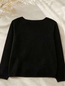 Suéter de mujer de cuello redondo suave verde, vintage fresco, casual para primavera, suéter de manga larga de unicolor de poliéster acanalado ligero para primavera/otoño negro - Negro - Ver 8
