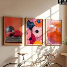 3-Piece Frameless Vintage Music Canvas Poster - Bright Pink And Orange Disco Ball Vinyl Record Wall Art Print, Bedroom Dorm Modern Minimalist Photo Wall Decor, Minimalist Academic Style Room Decoration, Holiday Decoration Gift. - 3pcs-orange-rimless - View 7