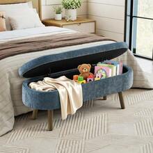 Multifunctional Storage Bench, Soft Chenille Fabric, Wooden Legs, Solid Wood Frame, 20L Storage Space, 110x40x42cm, For Bedroom, Living Room, Shoe Bench, Hallway - 藍色 - 查看 3