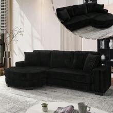 L-Shaped Corner Sofa – 4-Seater Sofa, 256.5 X 133.5 X 89 Cm, Classic Corduroy, Modular Design With Oval Ottoman - 黑色 - 查看 4