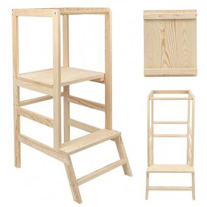 Children's Stool – Climbing Stool For Toddlers – Solid Wood Learning Tower – Natural Color – Height Adjustable – Kitchen Stool – Versatile Use – Easy Assembly – 90 X 52 X 39 Cm