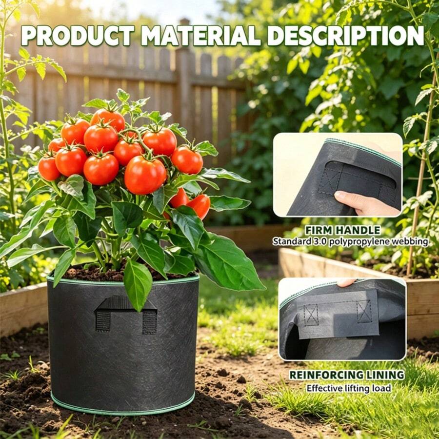 1pc Round Black With Green Edge Breathable Planter Grow Bag With Handle: Large Garden Planting Bag - Durable Non-Woven Fabric Material, With Handle For Easy Movement, From Seedling To Planting, Suitable For Indoor And Outdoor Vegetable, Fruit And Flower Growth, 2 Sizes Available, Soft And Fluffy - Black - View 1