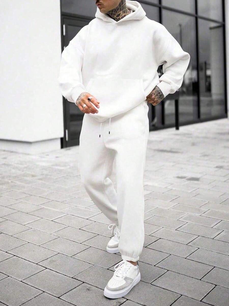 Men's Regular Fit Solid Color Lightweight Sweatshirt And Sweatpants 2 Pieces Set, Spring/Autumn - White - View 1