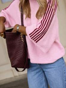 Women's Pink Knitted Pullover Sweater, 3/4 Sleeve, Side Stripe Detail, Suitable For Autumn Wear, Contains 6% Wool - Pink - View 4