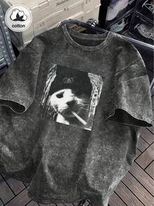 酷炫抽象貓咪印花做舊女款水洗棉T恤，復古風休閒黑色上衣，春夏時尚 - 黑色 - 查看 9