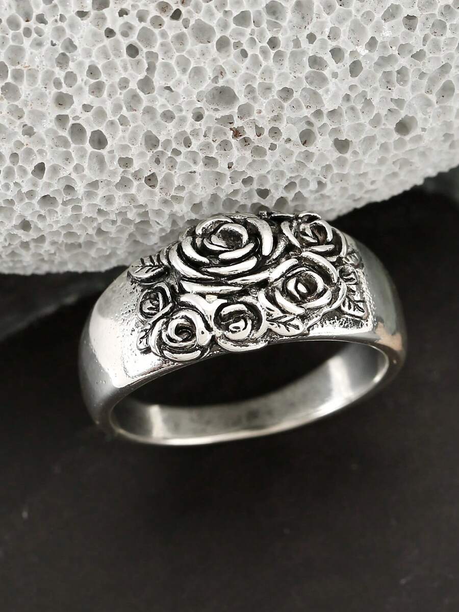 1pc Vintage Antique Silver Embossed Rose Wide Band Ring, Retro Floral Carved Finger Jewelry For Men