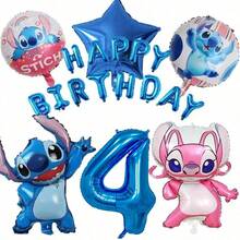 Hasbro Lilo & Stitch & Angel 主題生日氣球套組，包含數字鋁箔氣球、Stitch 與 Angel 造型鋁箔氣球、「HAPPY BIRTHDAY」字母氣球、星星氣球，藍色與粉色 CP 配色，營造可愛動畫氛圍 - 彩色 - 查看 20