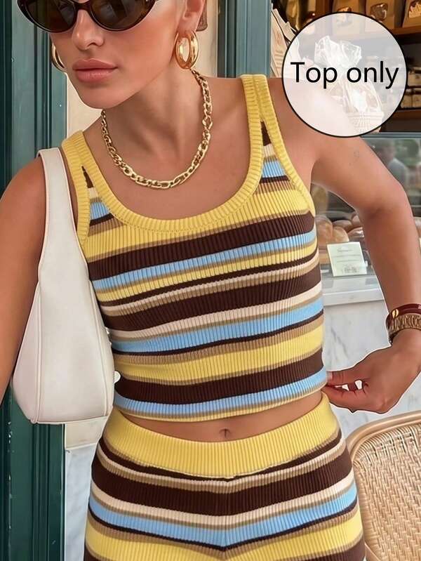Women's Striped Round Neck Fitted Casual Sleeveless Knit Top