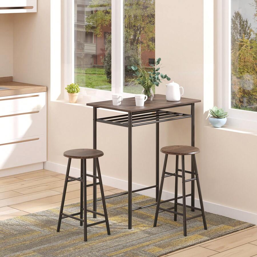 3-Piece Bar Table And Chair Set: Dining Table With 2 Bar Stools, Kitchen Table And Chairs, High Table And Bar Stools With Storage Shelf, Metal, 80 X 50 X 90 Cm, Black - Brown + Black - View 1