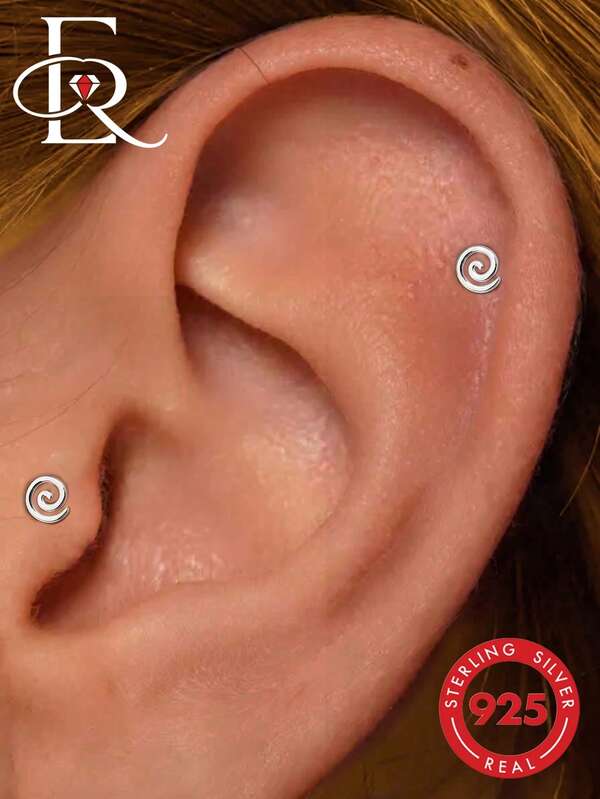 EleRunis 1pc 925 Sterling Silver Round Spiral Flat Back Cartilage Ear Cuff Piercing Jewelry, Exquisite Accessory For Daily Wear, Wedding And Party
