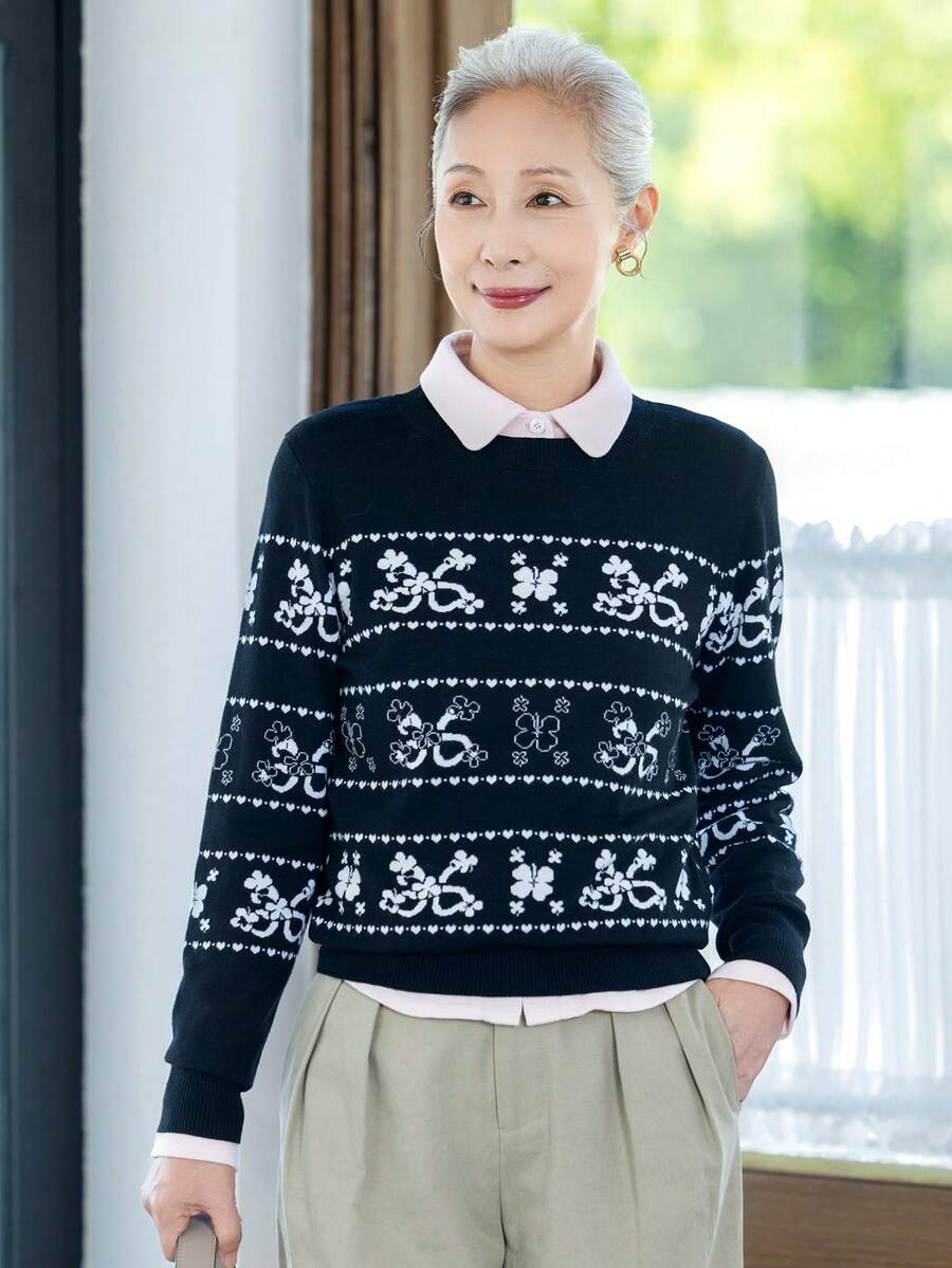 女款時尚黑色羊毛毛衣，費爾島花卉針織上衣，適合萬聖節、感恩節、聖誕節假期穿搭 - 黑色 - 查看 1