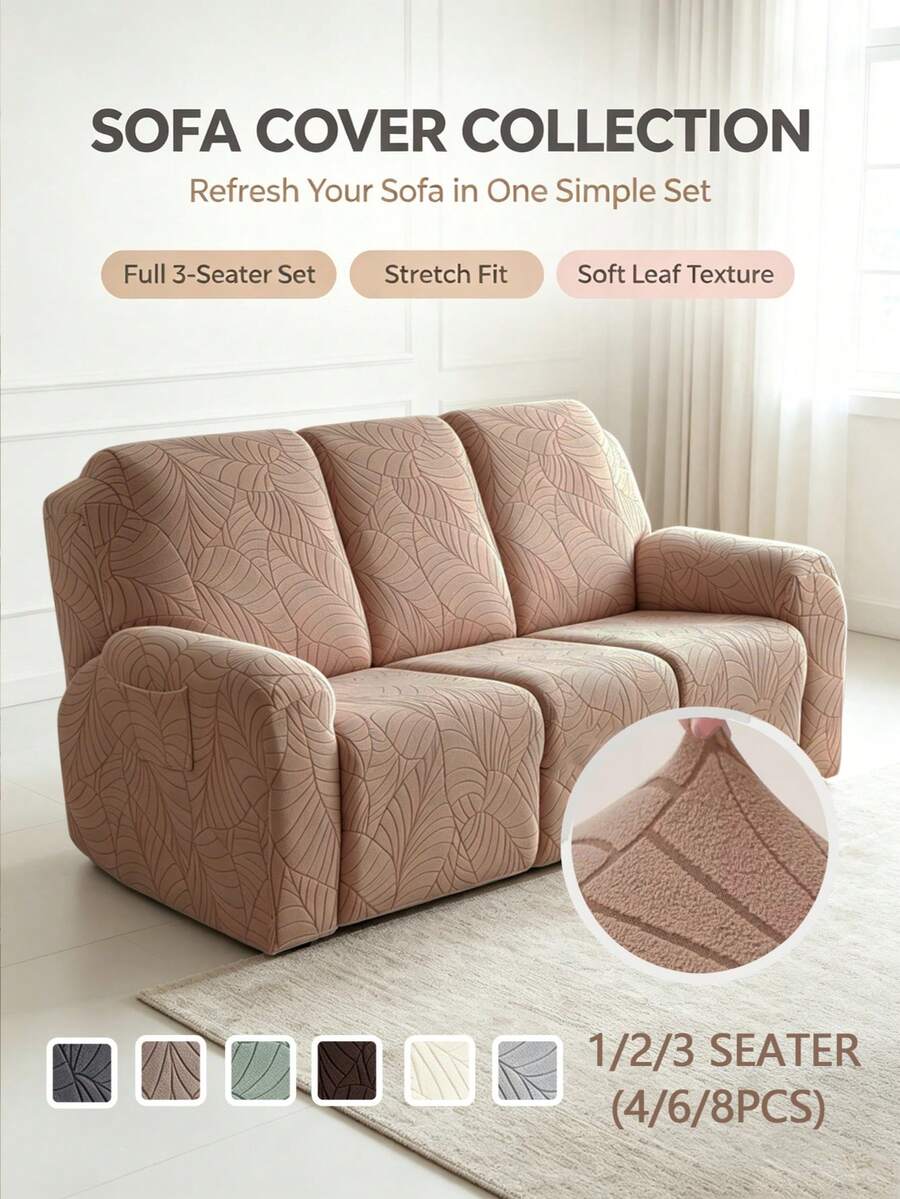 1/2/3seater Recliner Sofa Covers For Living RoomLeaf Pattern Sofa Relax Armchair Slipcovers Stretch Reclining Couch Covers Furniture Covers - Khaki - View 1