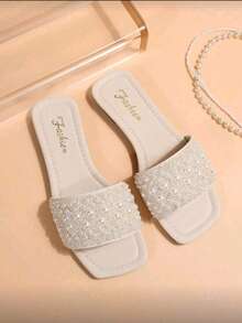 Gentle Pearl Rhinestone Square Toe Slide Sandals For Women, Summer Vacation Beach Outdoor Flat Slippers - Beige - View 5