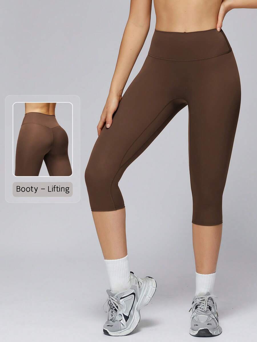 NcmRyu Women's 1pc Solid Color High Waist Tummy Control Butt Lifting Slim Fit Sports Shorts - Brown - View 1