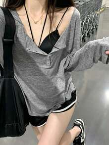 Comfortable Women's Long Sleeve Henley Shirt, Grey Polyester High Elasticity T-Shirt, Casual Regular Fit, Suitable For Daily Wear - Grey - View 2