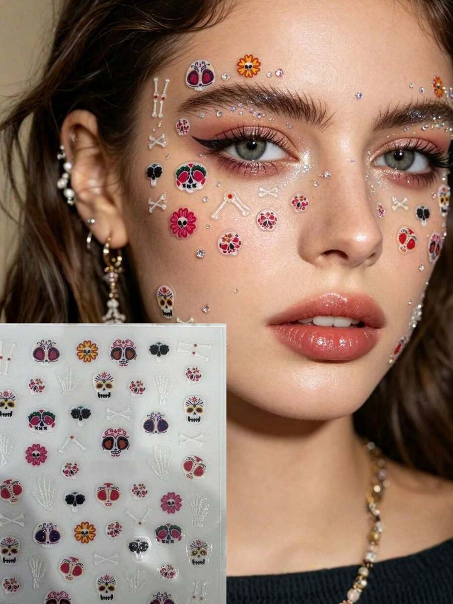 2pcs Mexican Day Of The Dead Colorful Skull Floral Bone Face Makeup Stickers, Waterproof No-Water Exotic Style Party Stage Eye Makeup Decorative Stickers With Flower And Bone Pattern, Music Festival Vintage Personalized Disposable Cheek Styling Stickers - Multicolor - View 1