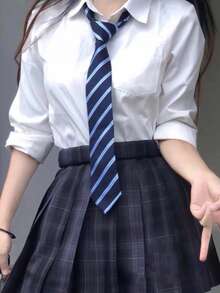 1件女款經典JK條紋領帶，手綁式學院風深藍色DK制服襯衫配件，日系基礎韓版日常配件，適合學生、青少年、Cosplay派對領帶配件、街拍及其他場合 - 藏藍色免打款 - 查看 5