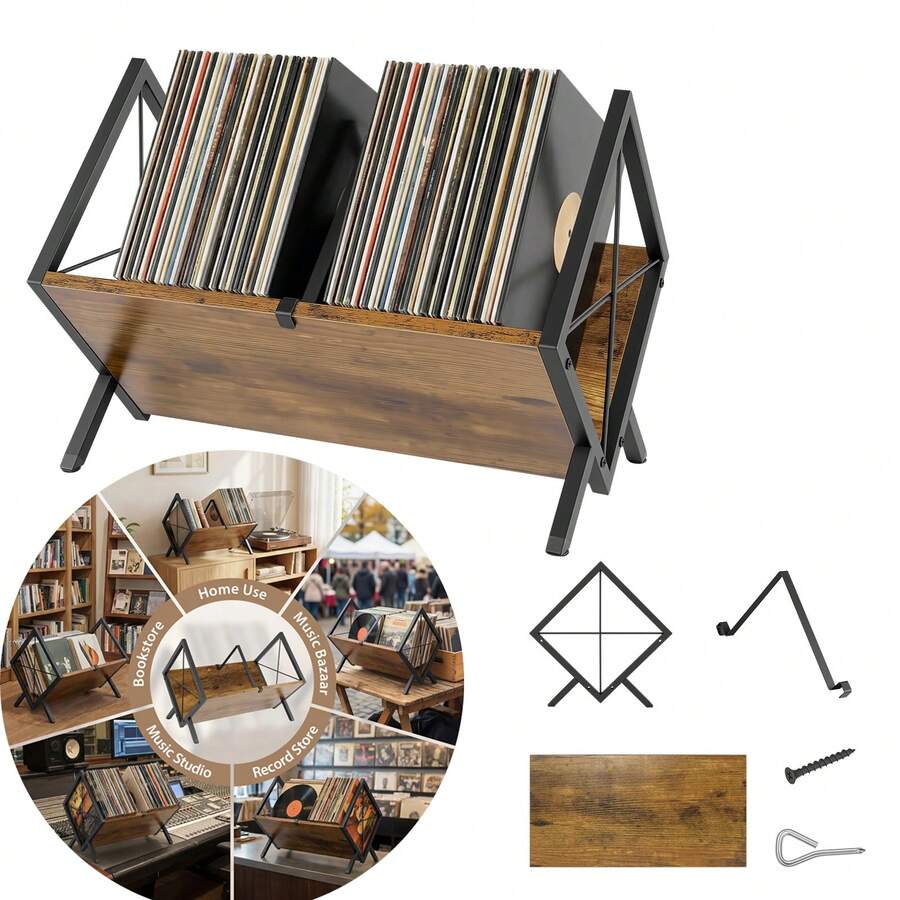7Sevenjokers Vinyl Record Storage Rack, Wrought Iron And Wooden Magazine Rack, Multifunctional Storage Rack, Desktop Document And Magazine Holder, Minimalist And Modern, Suitable For Bedrooms, Studies And Living Rooms