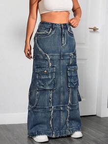 Rok Jeans Wanita Pinggang Tinggi Denim Robek Maxi - Biru - View 3