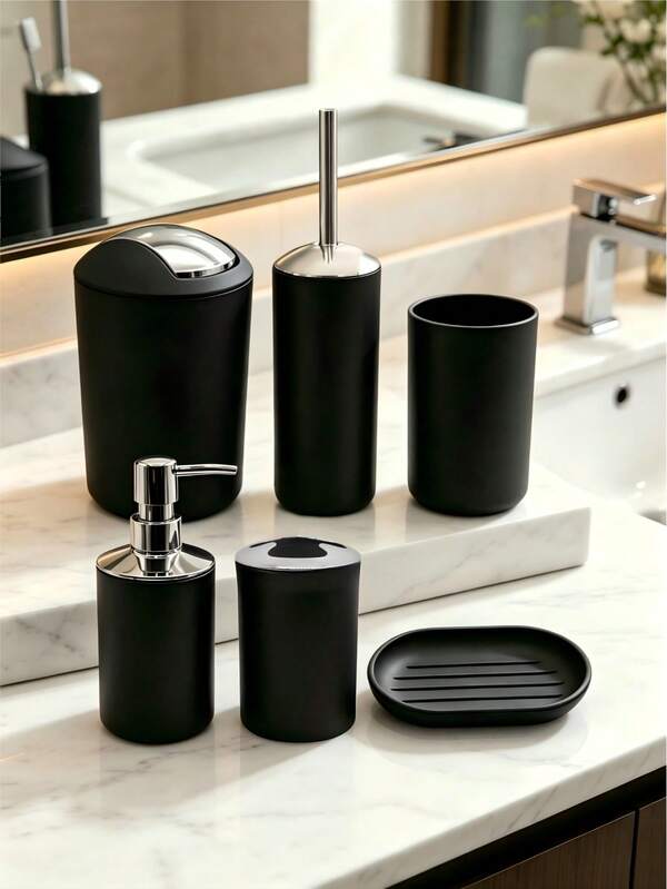 Matte Black Bathroom Toiletries, Including Hand Soap Dispenser, Toilet Brush, Mouthwash Cup, Toothbrush Holder, Trash Can, Soap Dish, Modern Style Bathroom Counter Storage Bathroom Set