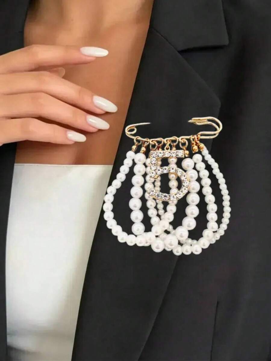1pc Bee Butterfly Rhinestone Brooch With Layered Chain Pearl Tassel Pin Safety Pin Perfect Match Blazer Accessories Pant Chain Fashion Banquet Party - Gold 5 - View 1