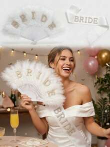2 pièces/Set - Éventail de mariée en plumes & Ensemble de ceinture de taille, Éventail à main blanc moelleux avec lettre "Mariée" en perles, Fête de demoiselle d'honneur de mariage, Fête de douche nuptiale, Photographie de mariage, Accessoires de mariée de mariage, Décoration de fête de mariée, Accessoires de robe de mariée, Décoration d'accueil de mariage - Blanc - Voir 7