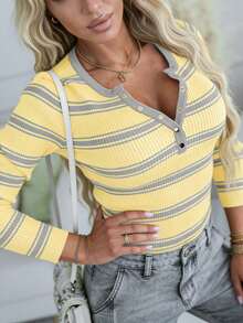ChicMe Sweater Pullover Wanita Lengan Panjang Model Slim Fit Rajut Bergaris dengan Kancing Emas, Gaya Kasual Sehari-hari. - Kuning - View 7