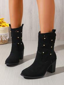 Women's Summer Hollow Carved Western Ankle Boots, Chunky Heel Rivet Breathable Mid-Calf Boots, Vintage Versatile Boots - Black - View 4