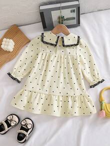 Baby Girl Autumn Elegant Casual Dress With Lace Patchwork Heart Print Fashion Long Sleeve Dress For Outdoor Leisure And Vacation - Champagne - View 4